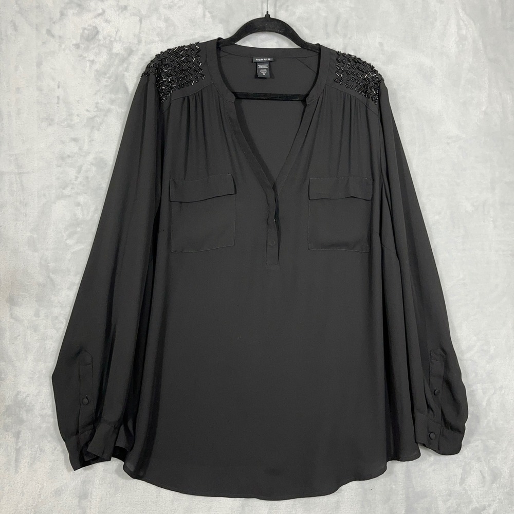 Torrid Women Blouse 3 Black Beaded Shoulder Chiffon Tunic V-Neck Long Sleeve Top
